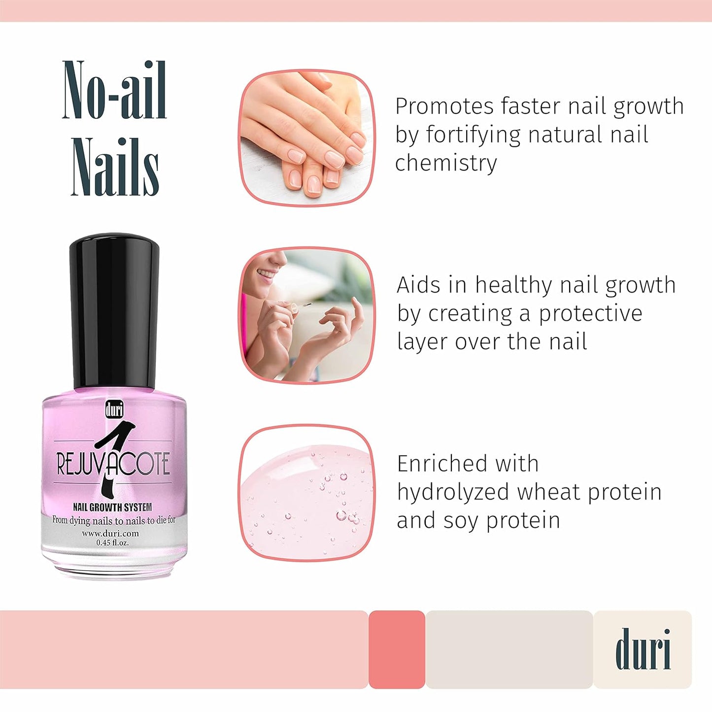 duri Rejuvacote 1 Nail Growth System - Original Maximum Strength Formula - Nail Strengthener and Nail Growth - Base and Top Coat - Pack of 3-0.45 fl. oz.