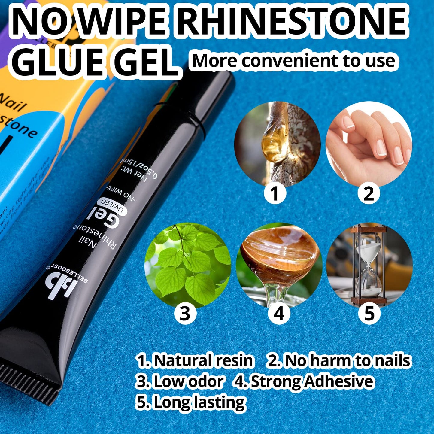 Nail Art Rhinestone Glue Gel&2 Boxes Flatback Gems Kit, 1 Tube of 15ml Rhinestone Gel Glue(UV/LED Needed)+Round Clear Gems+Flat-Back Half Round White&Beige Pearls with Pickup Tools