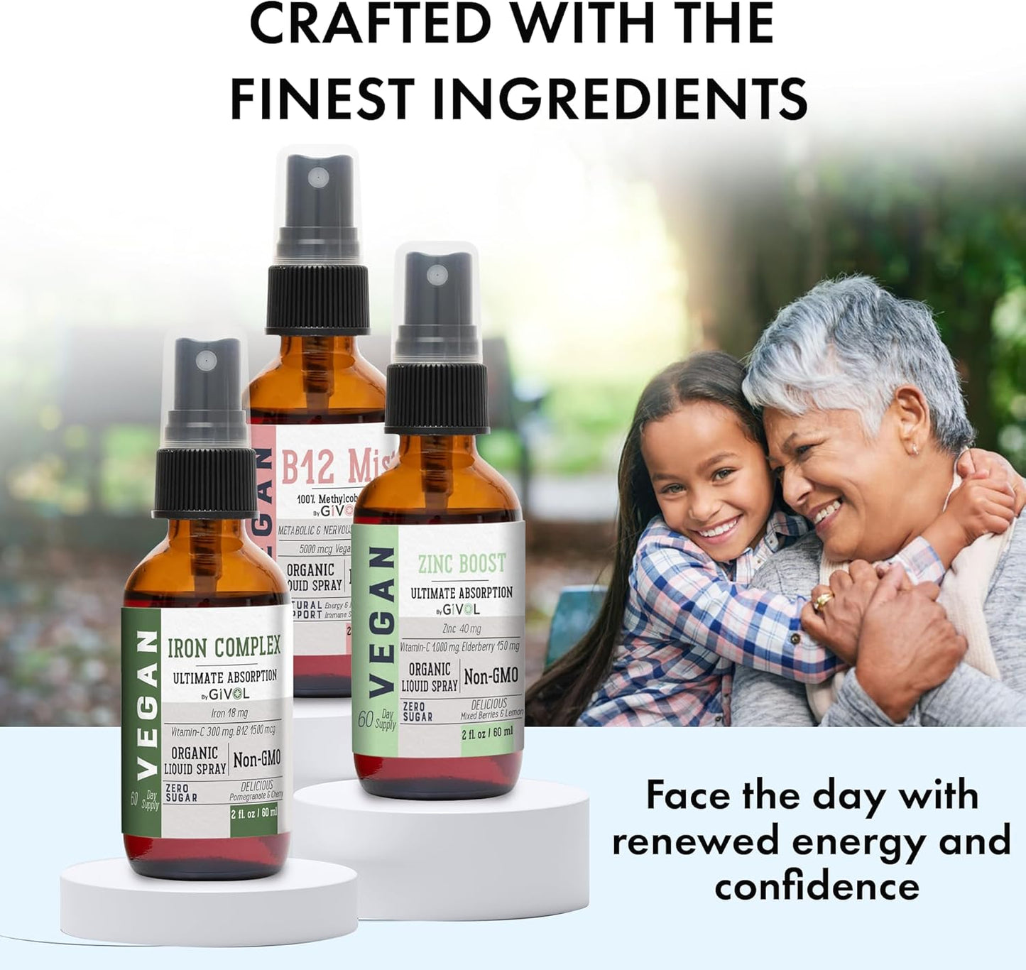 Iron Support Spray Bundle Liquid Vitamin B12 Methylcobalamin, Zinc Picolinate, and Bisglycinate | Non-GMO, Gluten-Free, Sugar-Free Iron Supplement | 2 Fl Oz Each | 360 Days Supply