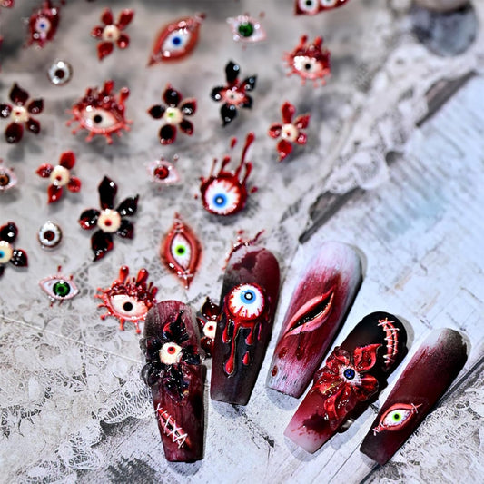Halloween Nail Stickers for Nail Art Scary Eyeball Flower Nail Art Stickers Eye Scar Blood Red 5D Embossed Floral Nail Decals Self-Adhesive Nails Supply Manicure Sliders Devil for Nails Decoration