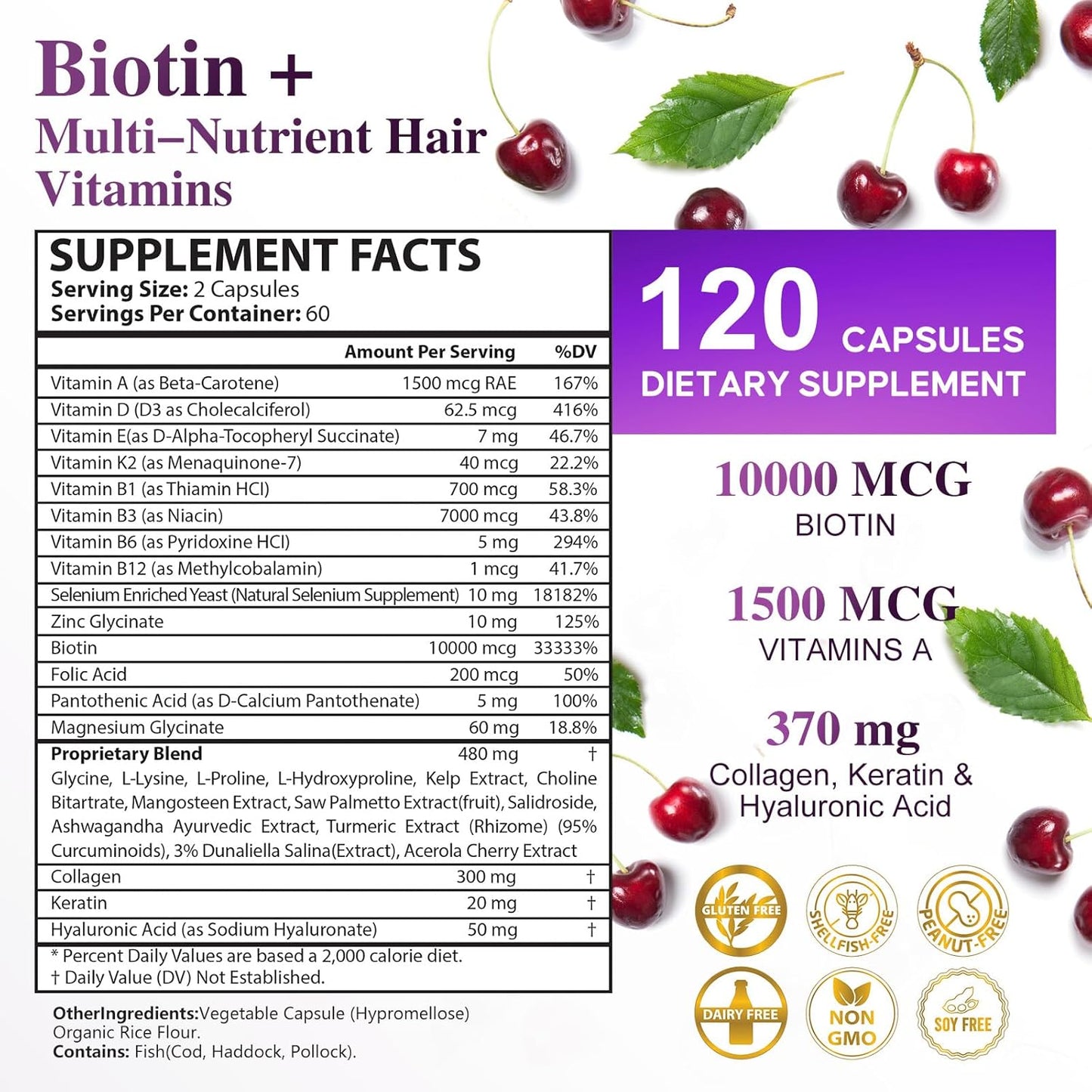 Biotin 10,000MCG Hair Growth Support for Women & Men with Collagen & Keratin – Hair, Skin & Nails Vitamins with Multivitamins & Minerals – 120 Capsules (2-Month Supply)