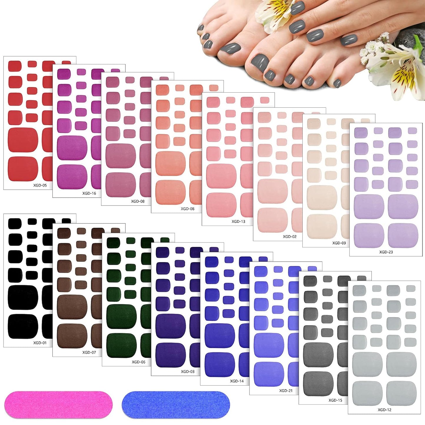 Maitys 352 Pieces 16 Sheets Toenail Polish Stickers Strips Adhesive Toe Nail Wraps Full Wraps Polish Strips DIY Manicure Decal with 2 Pieces Nail Files(Charming Color)