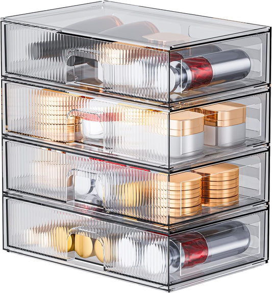 ZHIAI Stackable Storage Drawer, 4 Piece Acrylic Organiser for Cosmetics and Beauty Products, Suitable for Dressers, Bathrooms, Cabinets, Storage Rooms, Bedrooms and Home Organisers