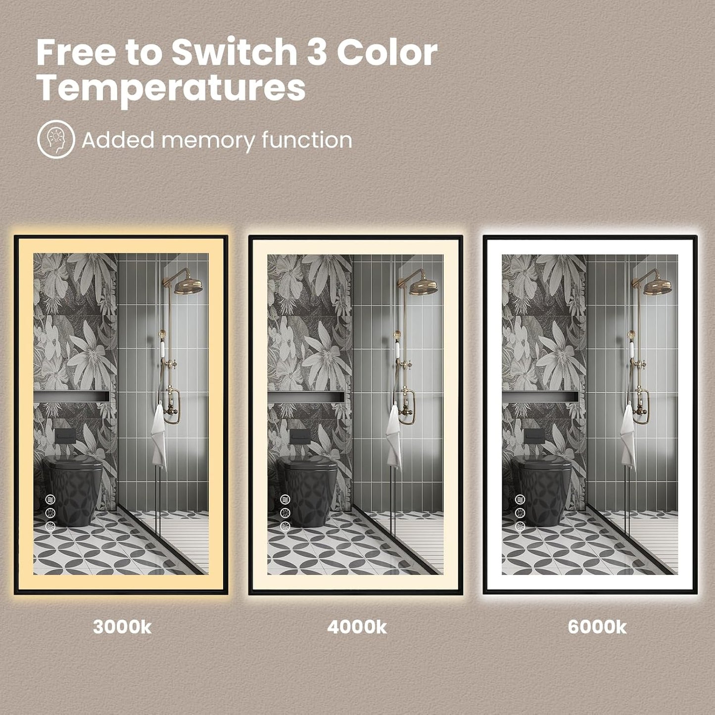 Amorho 40"x 32" LED Bathroom Mirror with Black Frame, Front Light and Backlit(Controlled Separately), Stepless Dimmable, Anti-Fog, Shatter-Proof, 3 Colors, Memory