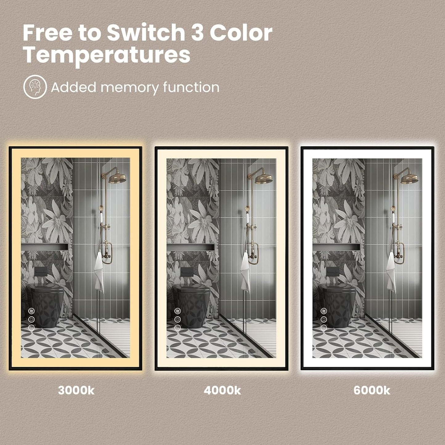 Amorho 60" X36" LED Bathroom Mirror with Black Frame, Front Light and Backlit(Controlled Separately), Stepless Dimmable, Anti-Fog, Shatter-Proof, 3 Colors, Memory