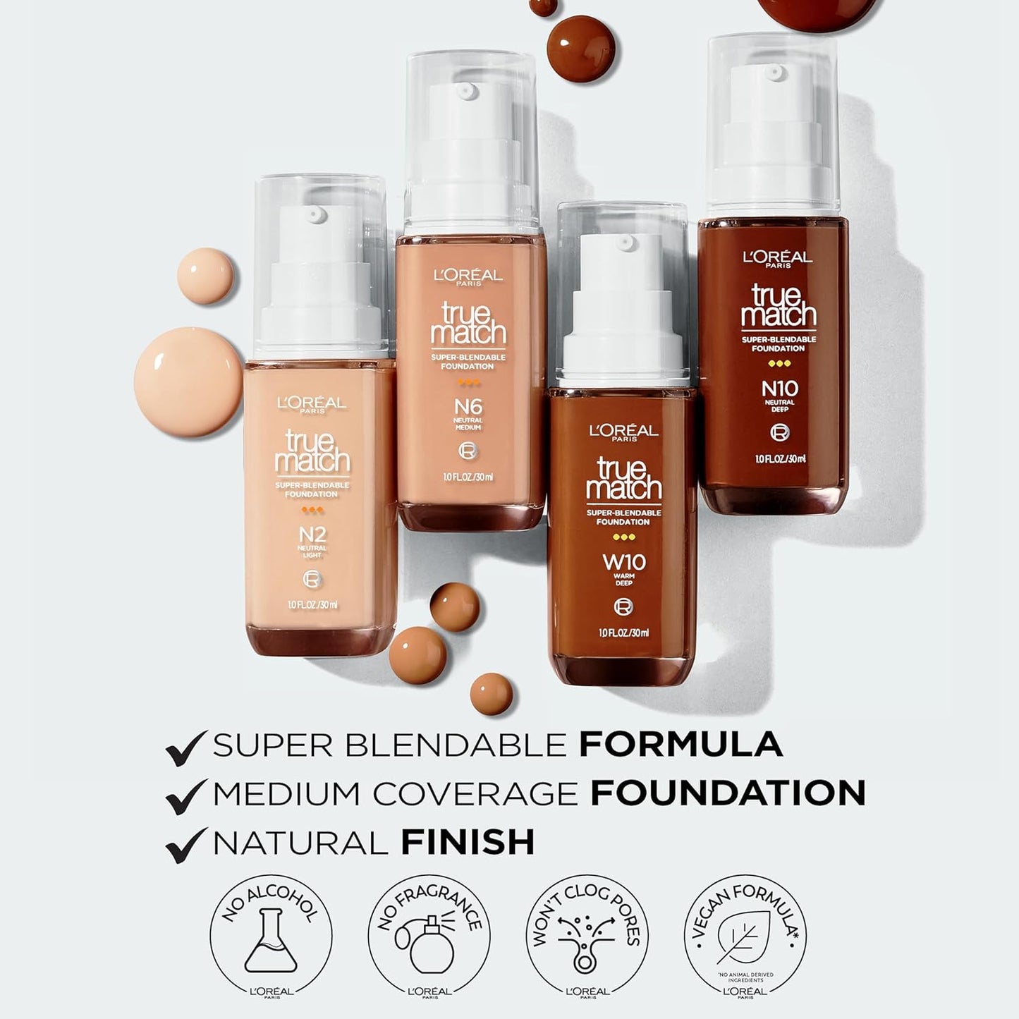 L'Oreal Paris True Match Super-Blendable Foundation, Medium Coverage Liquid Foundation Makeup, N8, Medium Deep, 1 Fl Oz