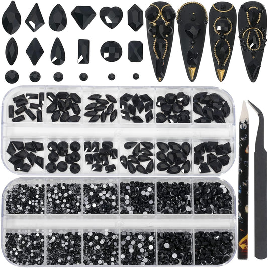 Nail Rhinestones - 3D Multi Shape Size, Flat Back, Manicure Rhinestones Charms, Crystal Black Gems, with Kit, for Nail Art, Bedazzling Acrylic Nails, DIY Decor