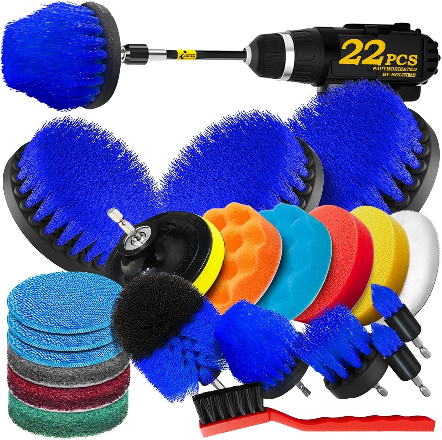 Holikme 22Pack Drill Brush Attachments Set, Scrub Pads & Sponge, Buffing Pads, Power Scrubber Brush, Car Polishing Pad Kit,Wax Applicator Pad,Car Cleaning Kit,Cleaning Supplies,Masonry Brushes(Blue)