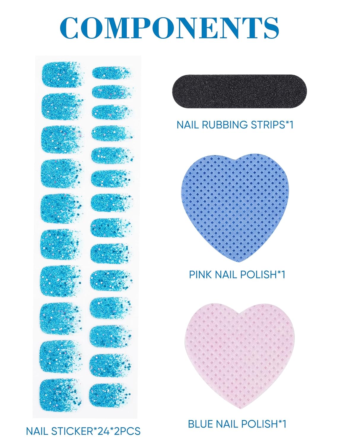No UV Light Needed Semi Cured Gel Nail Strips Kit for Women, 48 Pcs Self-Adhesive Stick on Nail Polish Art Stickers Wraps with Nail Files and 2 Nail Wiping Blocks (Blue) (Blue)