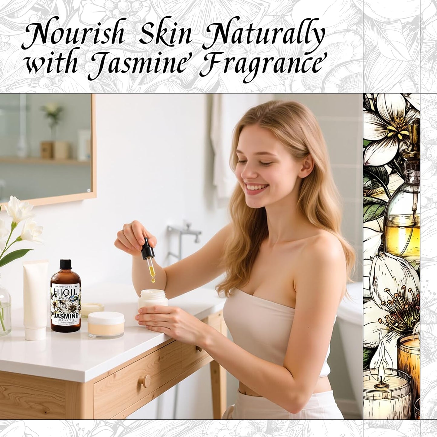 HIQILI Jasmine Fragrance Oil for Aromatherapy Diffuser, Floral Scent for Candle, Perfume Making, Skin Care, Laundry Essential Oil - 5.07 Fl Oz