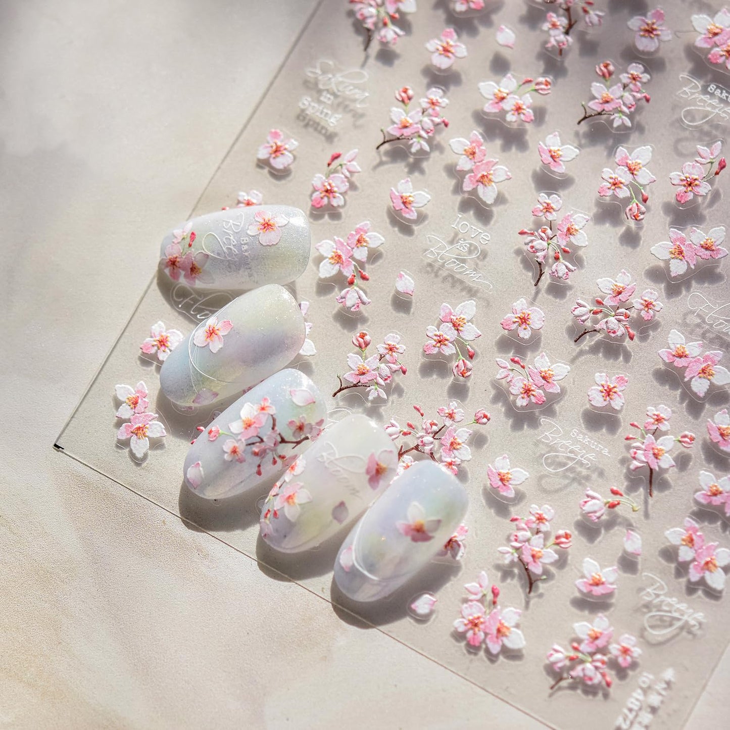 Cherry Blossoms Nail Art Stickers Pink White Flowers Nail Decals for Acrylic Nails 5D Embossed Self-Adhesive Flower Designs Nail Sticker Spring Summer Cute Floral Nail Decal for Women DIY Nail Decor