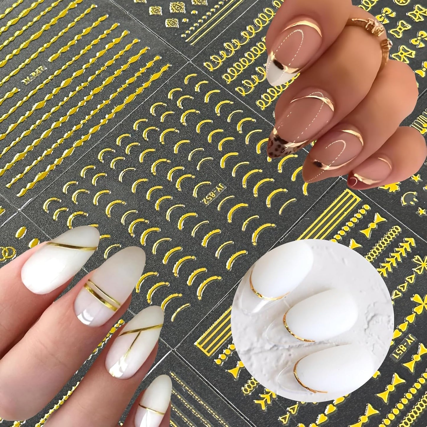Gold Star Nail Art Stickers - 30 Sheets 3D Self-Adhesive Decals With Line and Heart Designs for Acrylic Nails - Art Supplies Decoration Accessories for Women