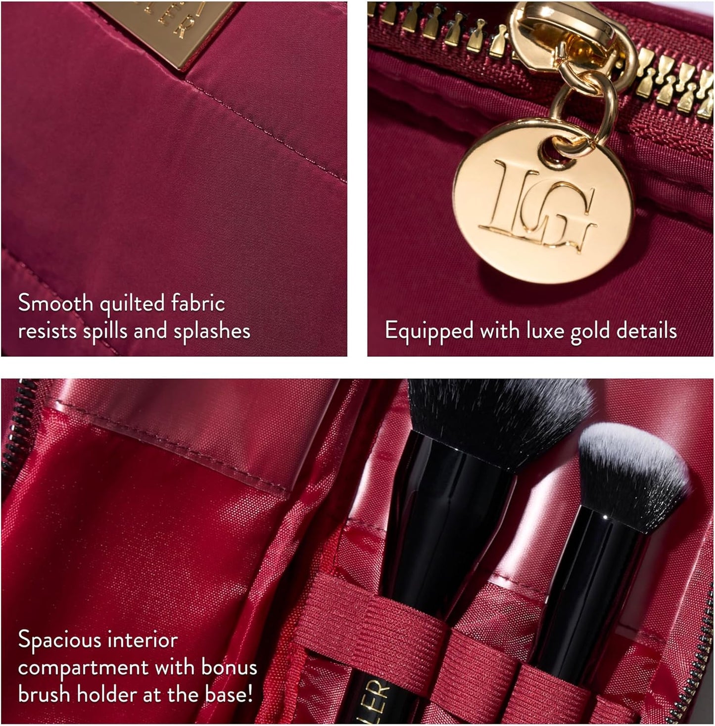 LAURA GELLER NEW YORK Quilted Makeup Bag with Brush Case, Burgundy - Toiletry Bag Organizer for Travel - Large Capacity Full Size Makeup Bag - Easy to Clean