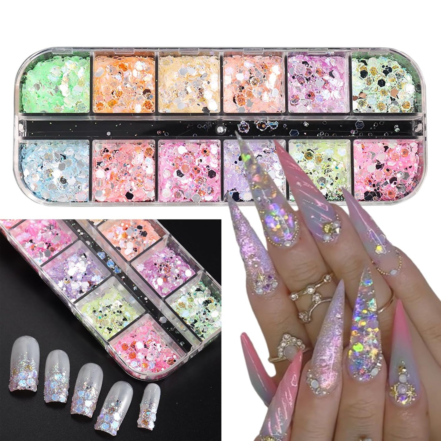 12 Grids Colorful Mermaid Nail Sequin Holographic Nail Art Glitter,Iridescent Nail Art Flake Glitter Decals Glass Paper Design Nail Accessories Acrylic Nails for Women Make Up DIY Nail Decoration