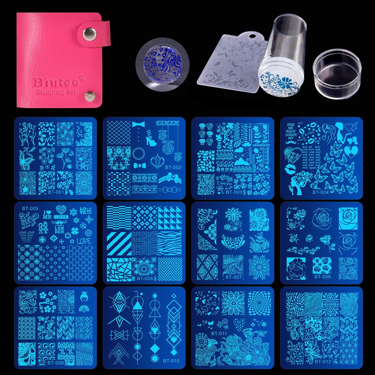 Biutee Nail Stamping Plates Set - 12pcs Templates, 8 Colors, Stamper, Scraper, Storage Bag - Animal & Flower Design Nail Art Plates