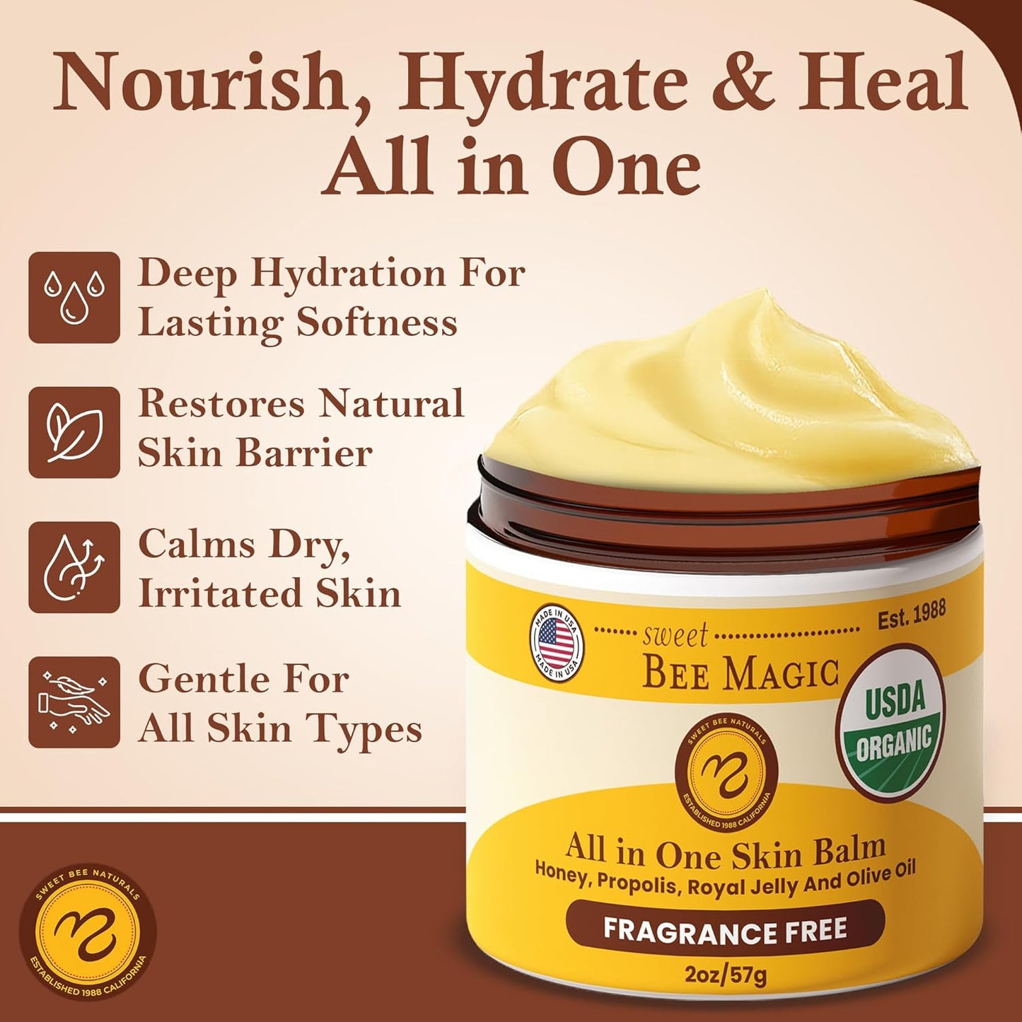Sweet Bee Naturals - Sweet Bee Magic, All In One Healing Organic Balm. Organic Skin Aid, Small Batch Crafted in USA, Certified Organic, All Natural Skin Aid- 2 Ounce Jar