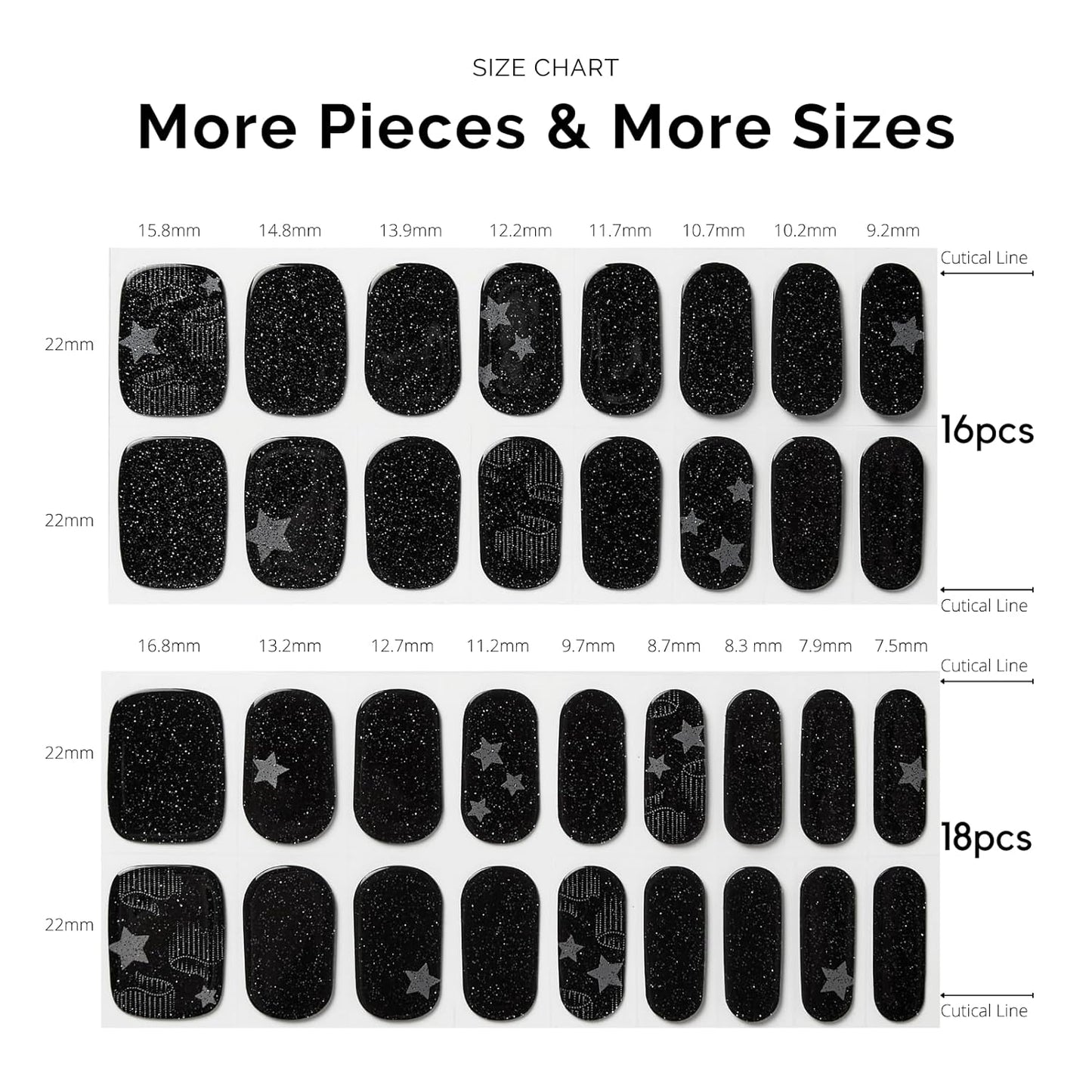 Semi Cured Gel Nail Strips - NAILOG 34 Pcs Gel Nail Stickers Buy 2 Get 1 UV Light | Long Lasting Nail Wraps with Glossy Gel Finish Black, Stardust