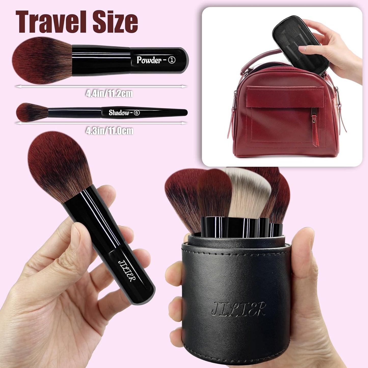 Jilier Travel Makeup Brush Set, 14 pcs Mini Makeup Brushes for Foundation, Powder, Eyeshadow, Highlight, Contour, Blush & Concealer, Small Makeup Brush Set Purse Size with Case (Black)