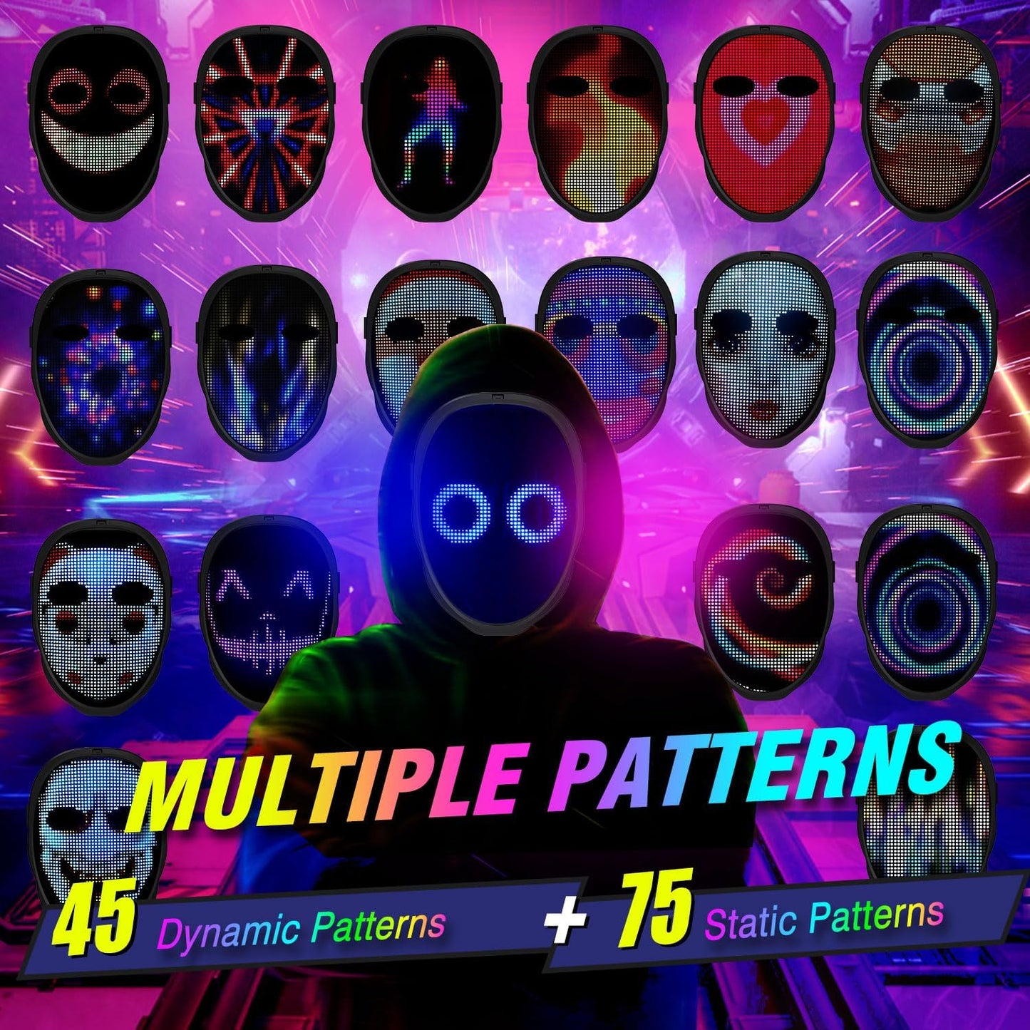 MEGOO Led Mask with Bluetooth Programmable App,Shining Led Light Up Face Mask for Adult Kid Halloween Masquerade Party