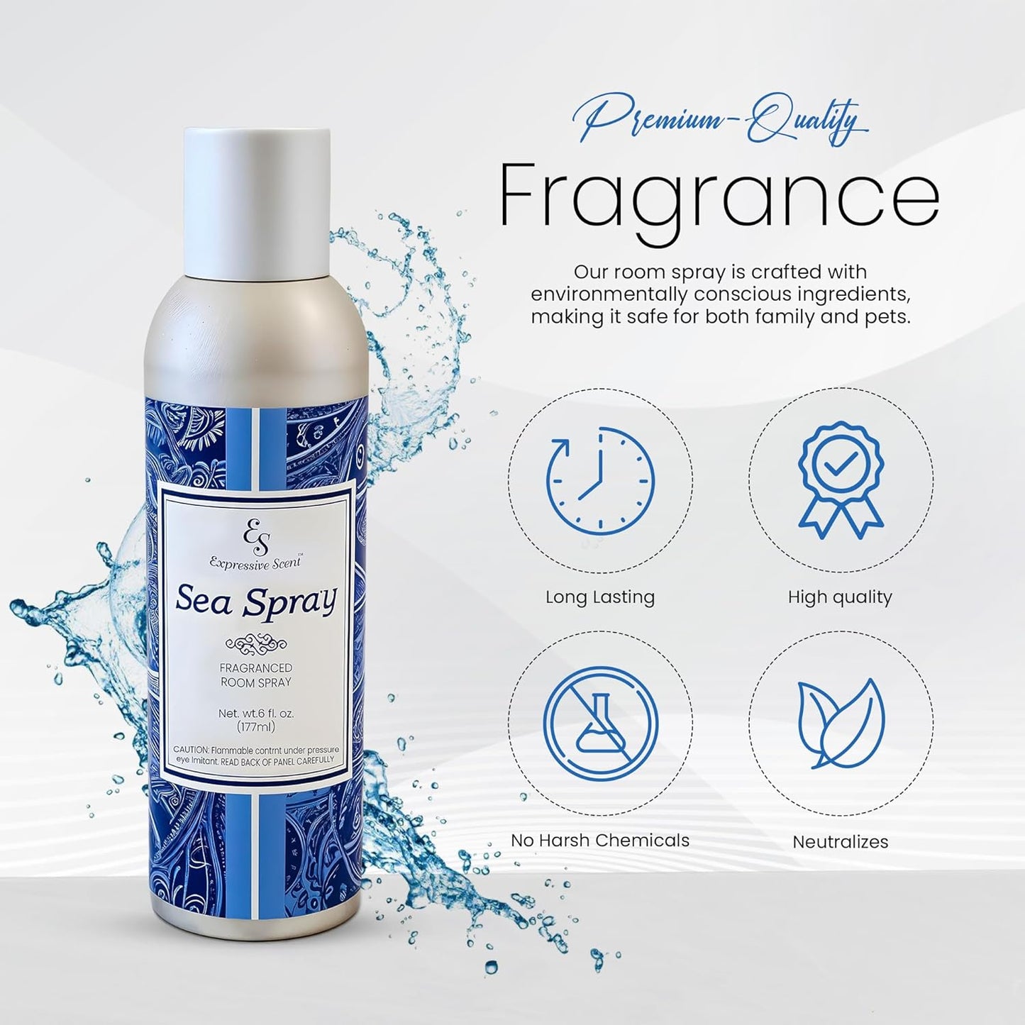 Air Freshener Spray - long lasting luxurious sea spray – Ideal for Bathroom, Kitchen, Office & Car – long lasting home fragrance 6 FL Oz