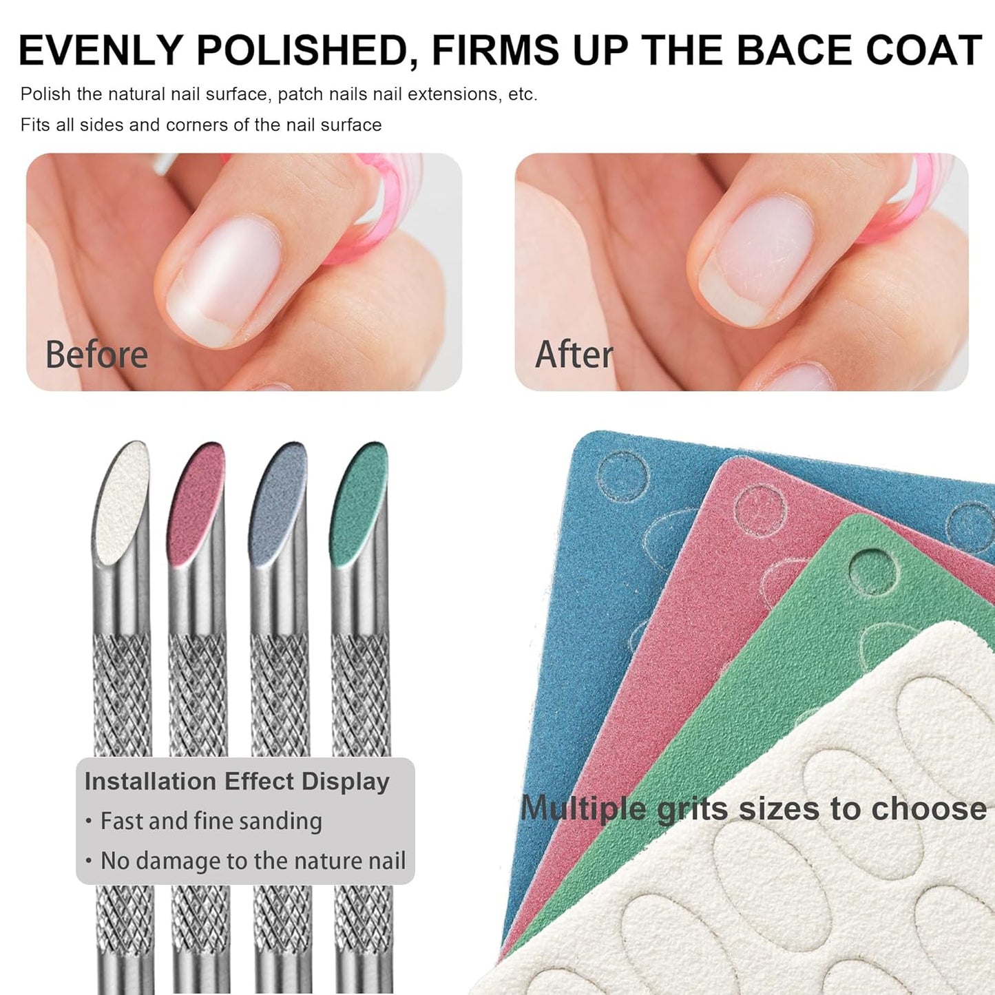 Pre-treatment Cuticle Pusher, Russian Prep Nail Pushers, Dual Ended Cuticle Remover with 100/180 Grit Sandpaper Sheets, Nail Care for Manicure Pedicure Nail Art