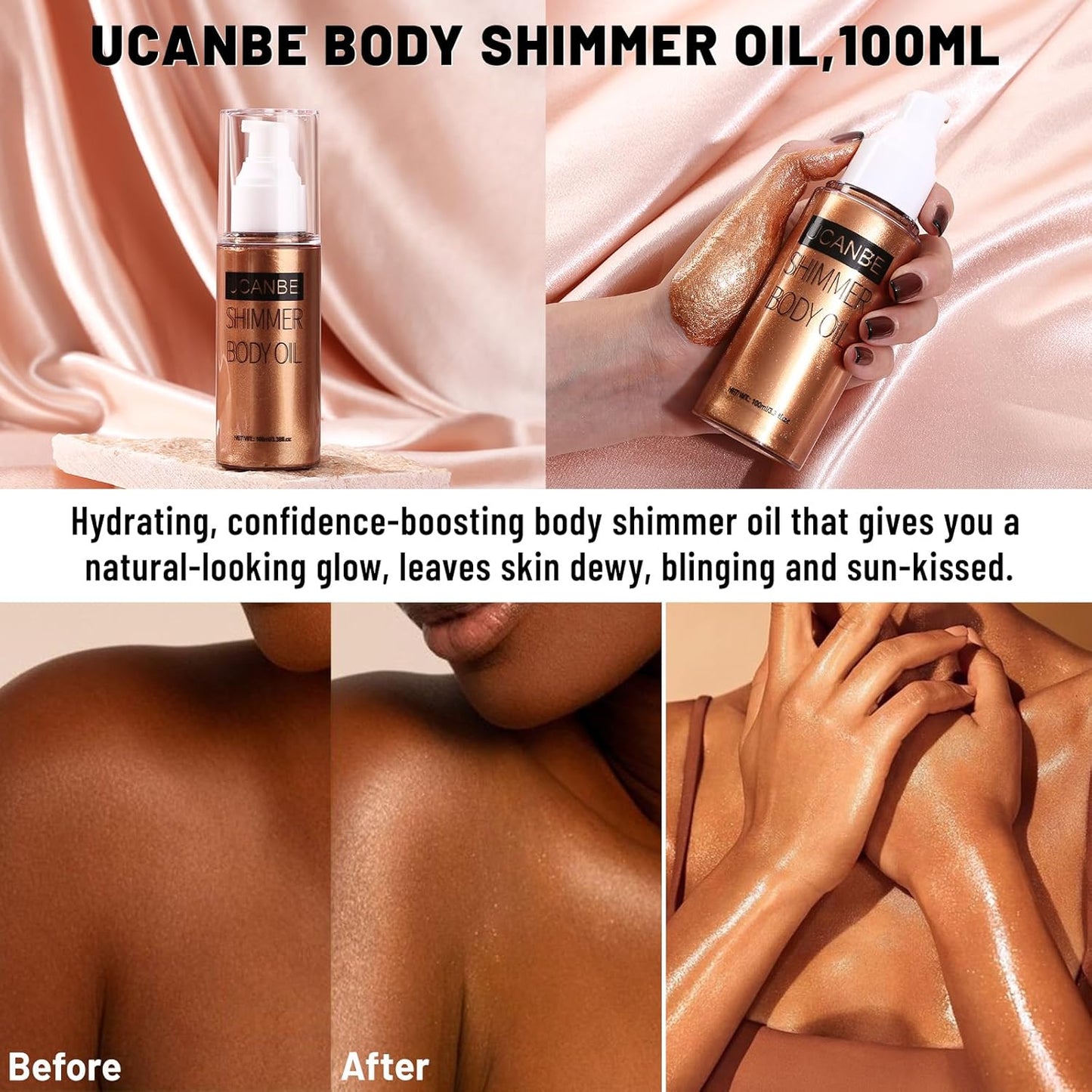 UCANBE Body Shimmer Oil - 100ml, Waterproof Shimmering Body Luminizer, Tinted Glow Glitter Oil, Golden Brown