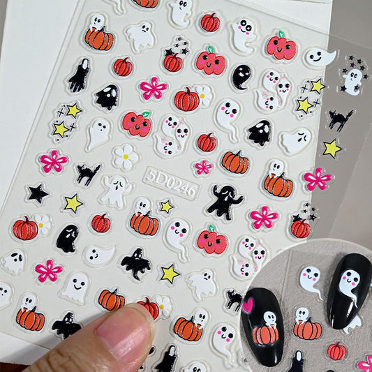 6 Sheets Halloween Nail Stickers for Nail Art 5D Self Adhesive Cute Ghost Nail Art Stickers with Pumpkin Bat Blood Drop Skeleton Design Sticker for Women DIY Nails Decoration