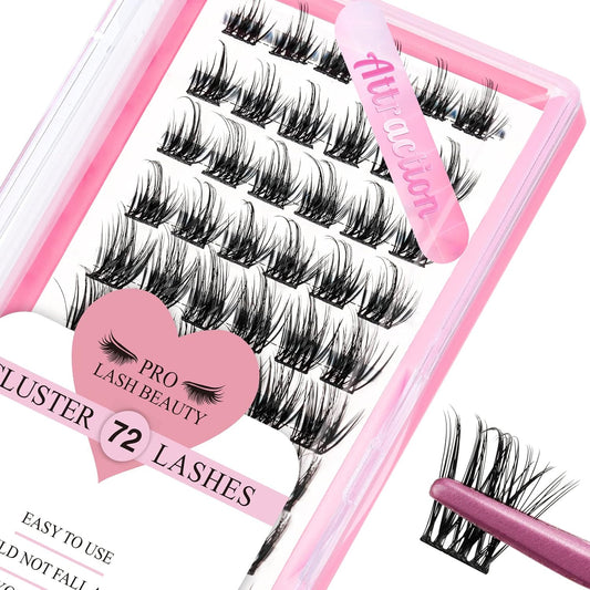 Cluster Lashes 72 Pcs Manga Lashes Lash Clusters DIY Eyelash Extension Individual Lashes Thin Band Easy to Apply at home (Attraction, D-14mm) Lashes