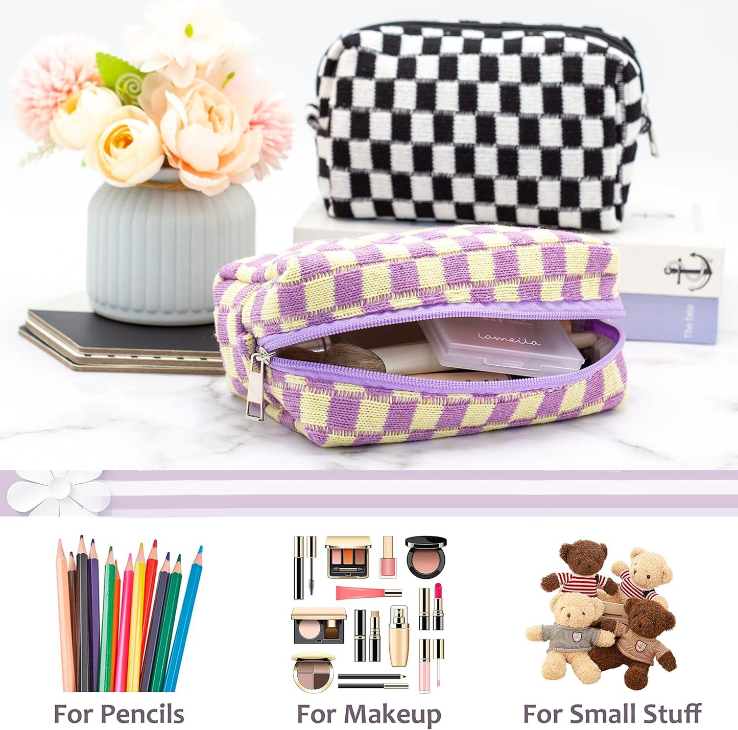PAZIMIIK Checkered Makeup Bag for Purse Portable Zipper Make Up Pouch Small Cosmetic Case for Travel Accessories (Purple)