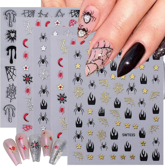 Halloween Nail Art Stickers Decals 10 Sheets 3D Self Adhesive Embossed Stickers Cartoon Spider Web Star Drop of The Blood Nail Art Design DIY Manicure Decoration for Women Kid Girls