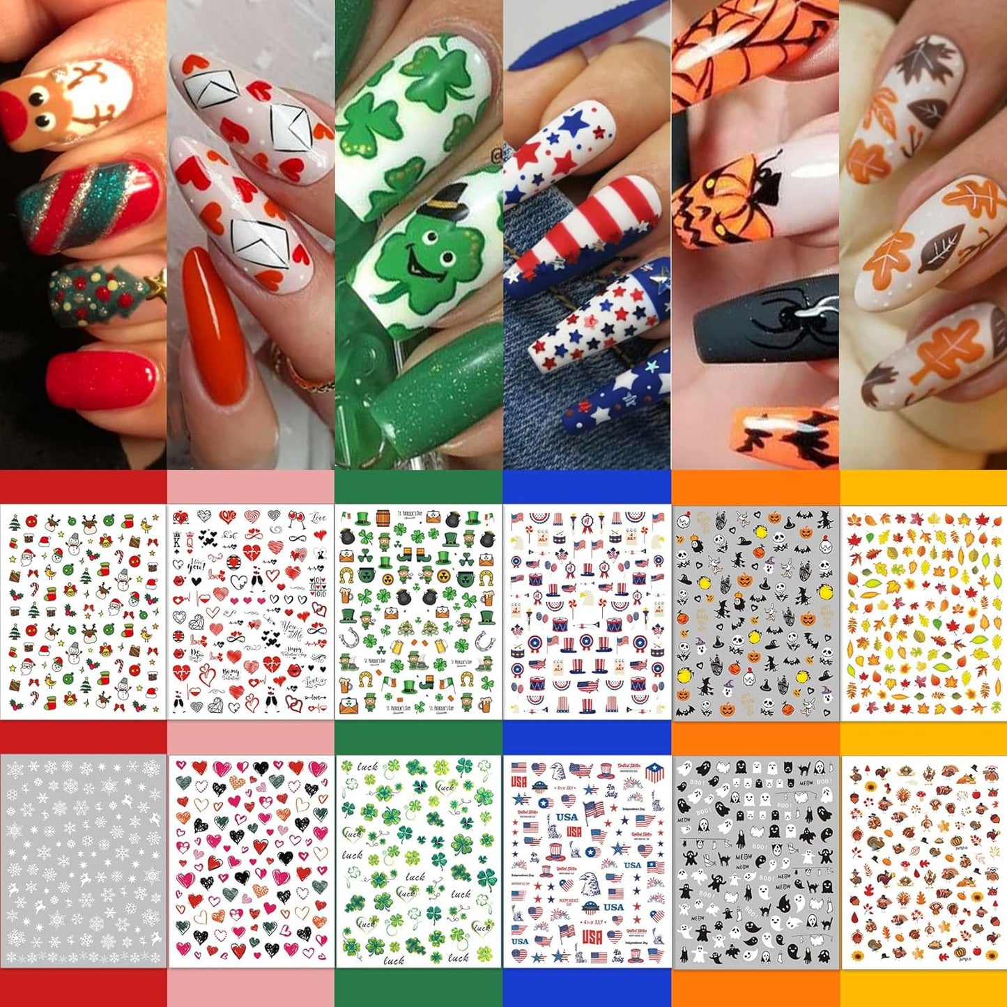 TailaiMei 20 Sheet All Holidays Nail Art Stickers, Mixed Seasons Variety Pack for Halloween Fall Christmas Valentine's Day Nail Decals, Self-Adhesive Design Year Round Assorted Nail Decorations