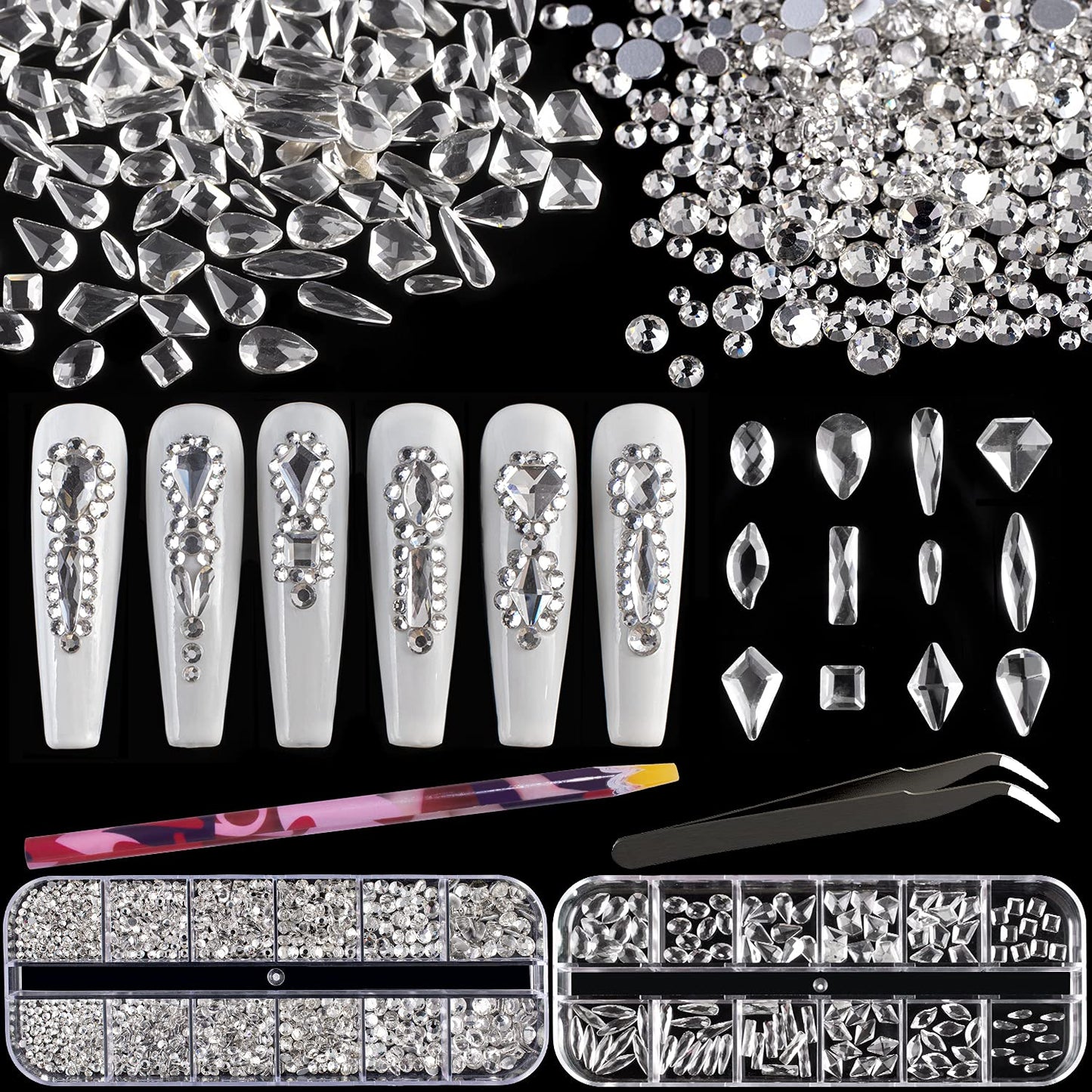 Multi Shapes Transparent White 3D Glass Crystal Nail Art Rhinestones Kit with Flatback Round Bead Charm Gem Stone Jewelry Diamond with Pickup Pen + Tweezer for Manicure Makeup DIY Craft Decoration