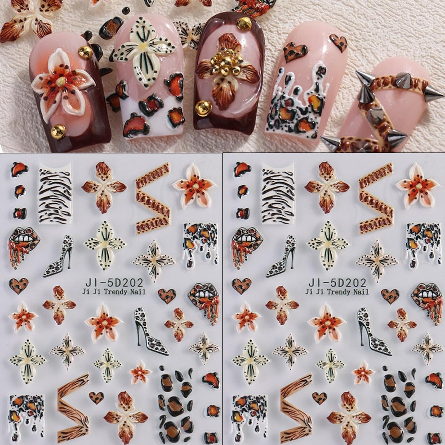 Fall Stickers para Uñas Nail Stickers Self-Adhesive Sticker para Uñas Leopard Print 3D Flower Floral Nail Stickers Art Design Accessories Hight Quality 2 Sheets