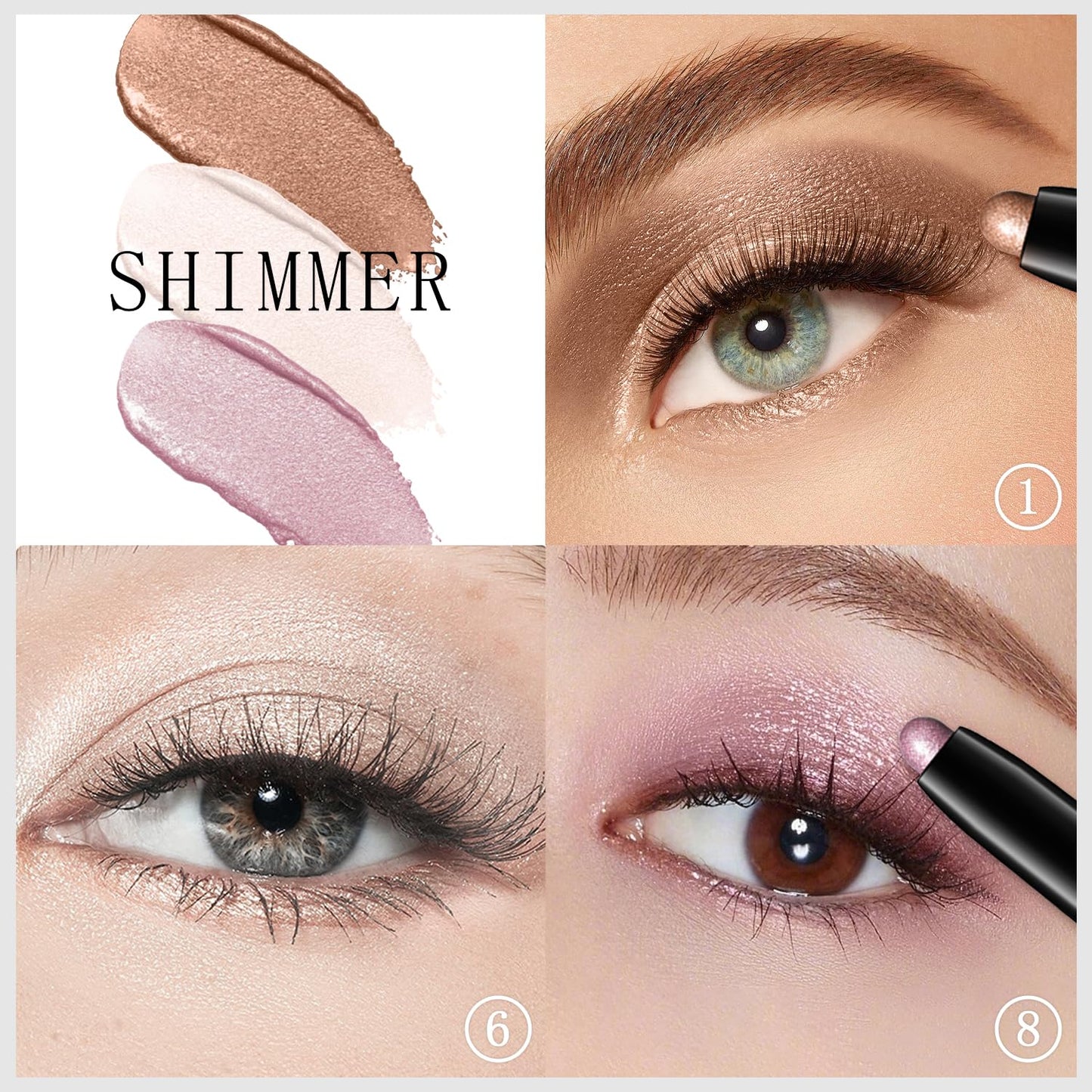 3PCS Eyeshadow Stick, Shimmer and Matte Cream Eye Shadow Brightener Sticks Eyeliner Pencil Crayon, Waterproof Long Lasting Eye Highlighter Stick Makeup (01+06+08)