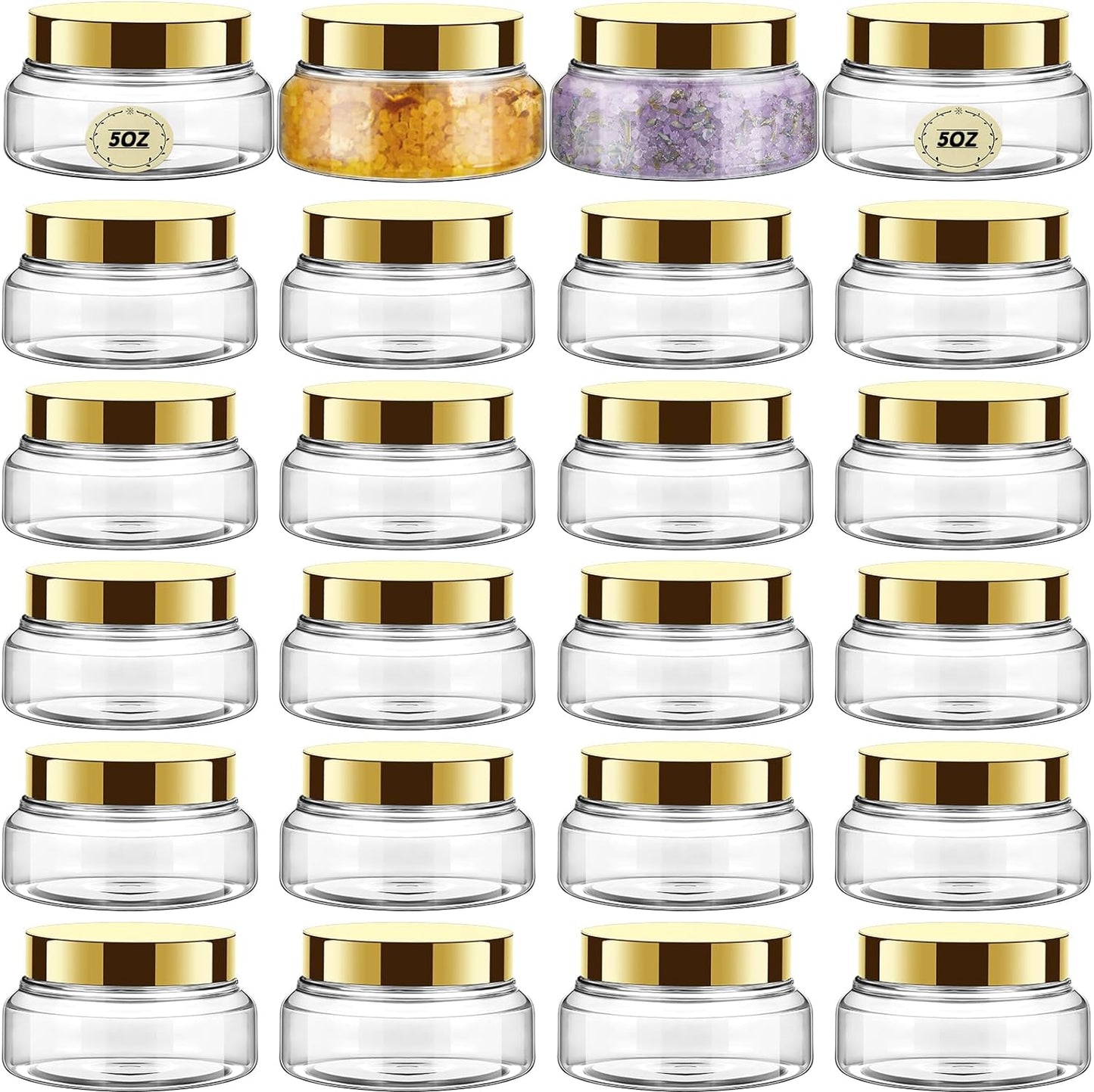 Tessco 24 Pack Plastic Jars with Lids Labels Empty Clear Plastic Jars Round Refillable Cosmetic Containers Body Butter Containers Bulk Sugar Scrub Bottle for Make Up(5 oz,Gold)