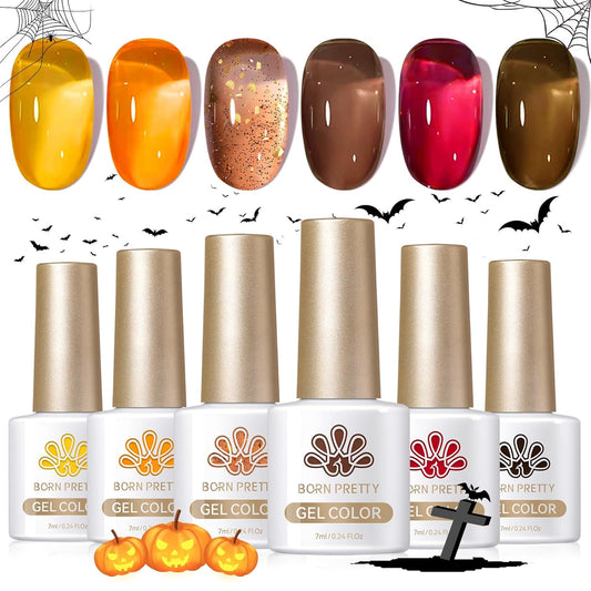 Born Pretty Jelly Gel Nail Polish 6 Colors Fall Winter Translucent Clear Pumpkin Burgundy Wine Red Coral Burnt Orange Grey Amber Brown Gel Polish Sheer Crystal Transparent Halloween Gel Polish Set