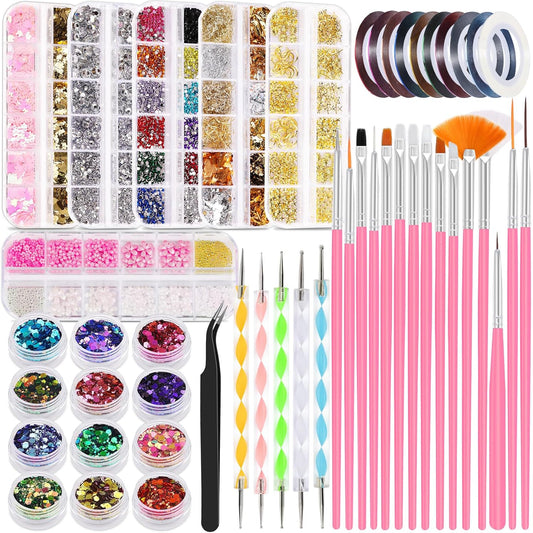 Nail Art Kit for Beginners with Nail Brushes Set and Dotting Tools, Jumbo Holographic Glitter Sequins 2-6mm Rhinestones 3D Pink&White Flowers Metal Studs Colorful Striping Tape with Tweezers (03-Pink)