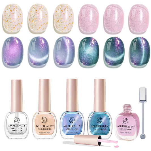 AZUREBEAUTY Magnetic Cat Eye Nail Polish Set – 2 Cat Eye & 2 Glitter Colors with Top Coat, Chrome Shimmer Gel Effect, Quick Dry Long Lasting DIY Nail Kit for Salon Home