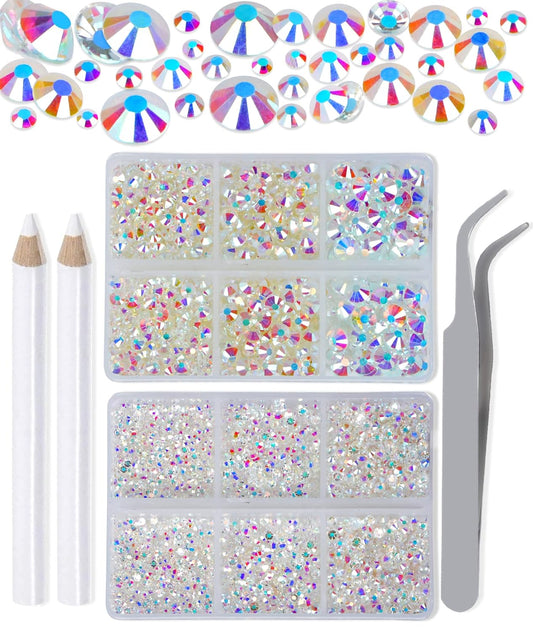 LPBeads 6000 Pieces Paradise Shine Non Hotfix Rhinestones 6 Sizes Round Crystal Glass Flat Back Rhinestones with Tweezers and Picking Pen for Nail Art Crafts Bags DIY