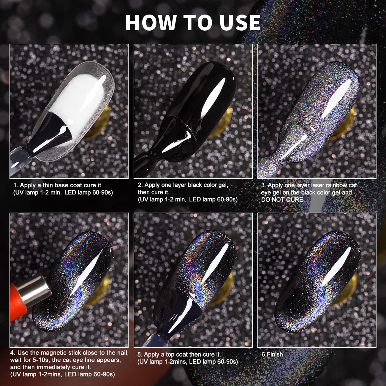 RARJSM Cat Eye Gel Nail Polish, Galaxy Chameleon Magnetic Gelpolish Black Holographic Glitter Gel Soak Off UV LED DIY Manicure Art for Salon Designs and Home DIY 7.5ML/0.26fl oz