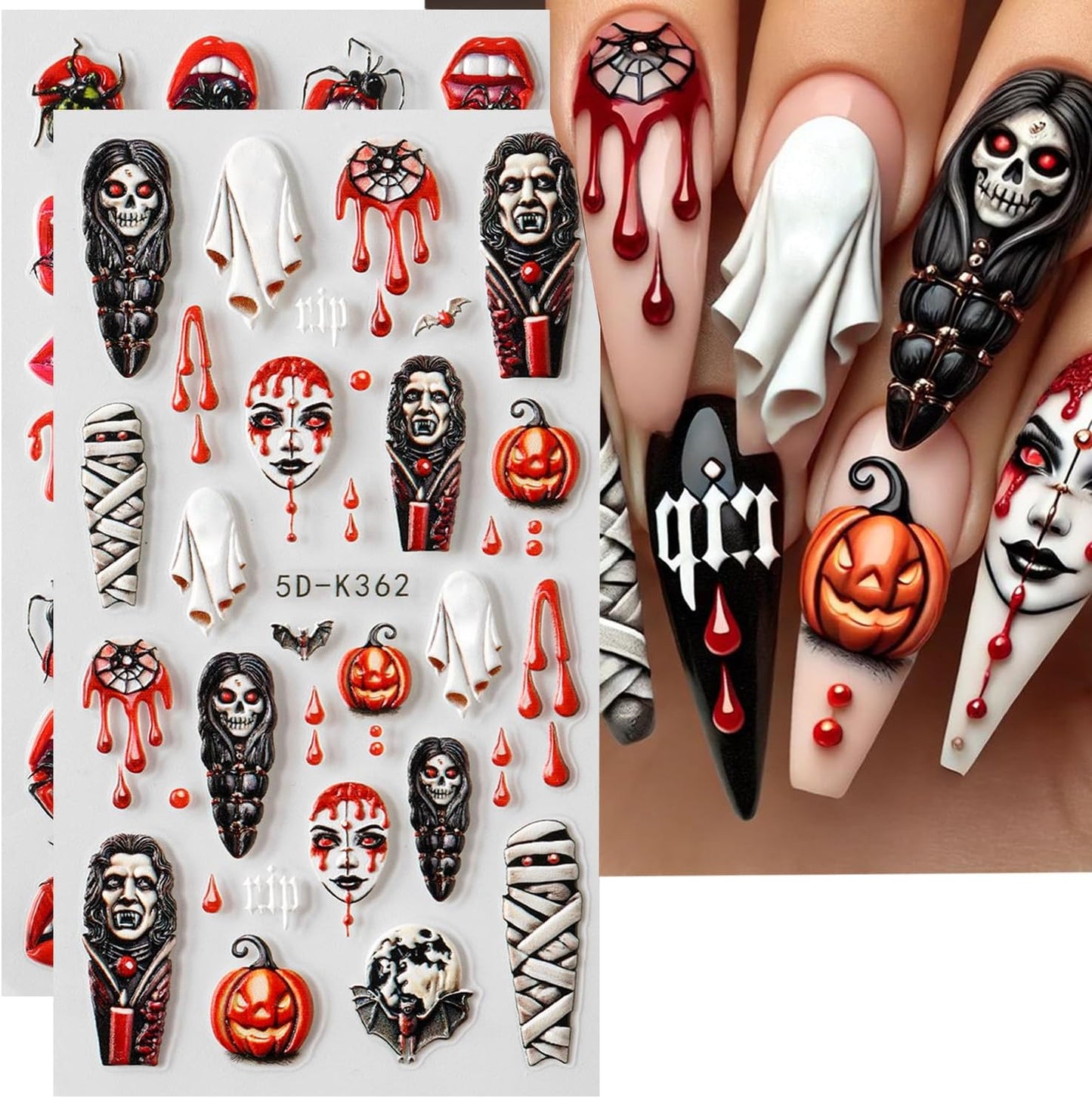 2 Sheets Halloween Nail Art Stickers 5D Embossed Horror Ghost Nail Stickers Big Red Lips Pumpkin Devil's Flame Eye Bat Design Terror Spider Mummy Nail Decals for Women Acrylic DIY Nail Decorations