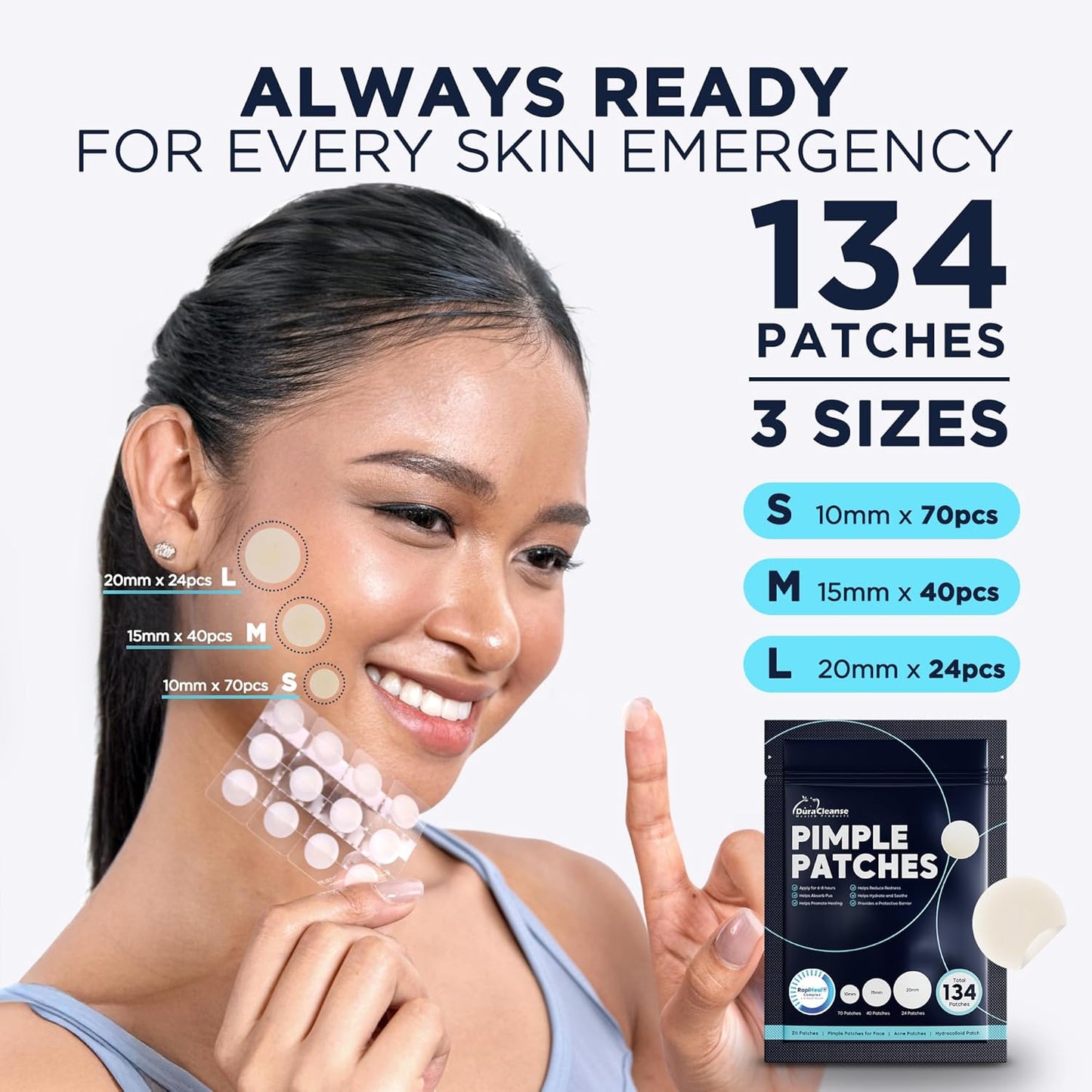 Pimple Patches for Face - 134 Count Hydrocolloid Acne Patches - Zit, Blemish, Cystic Acne Dots & Dark Spot Treatment - Invisible Clear Pimple Patch Stickers for Forehead, Chin, Nose, 3 Sizes (S, M, L)