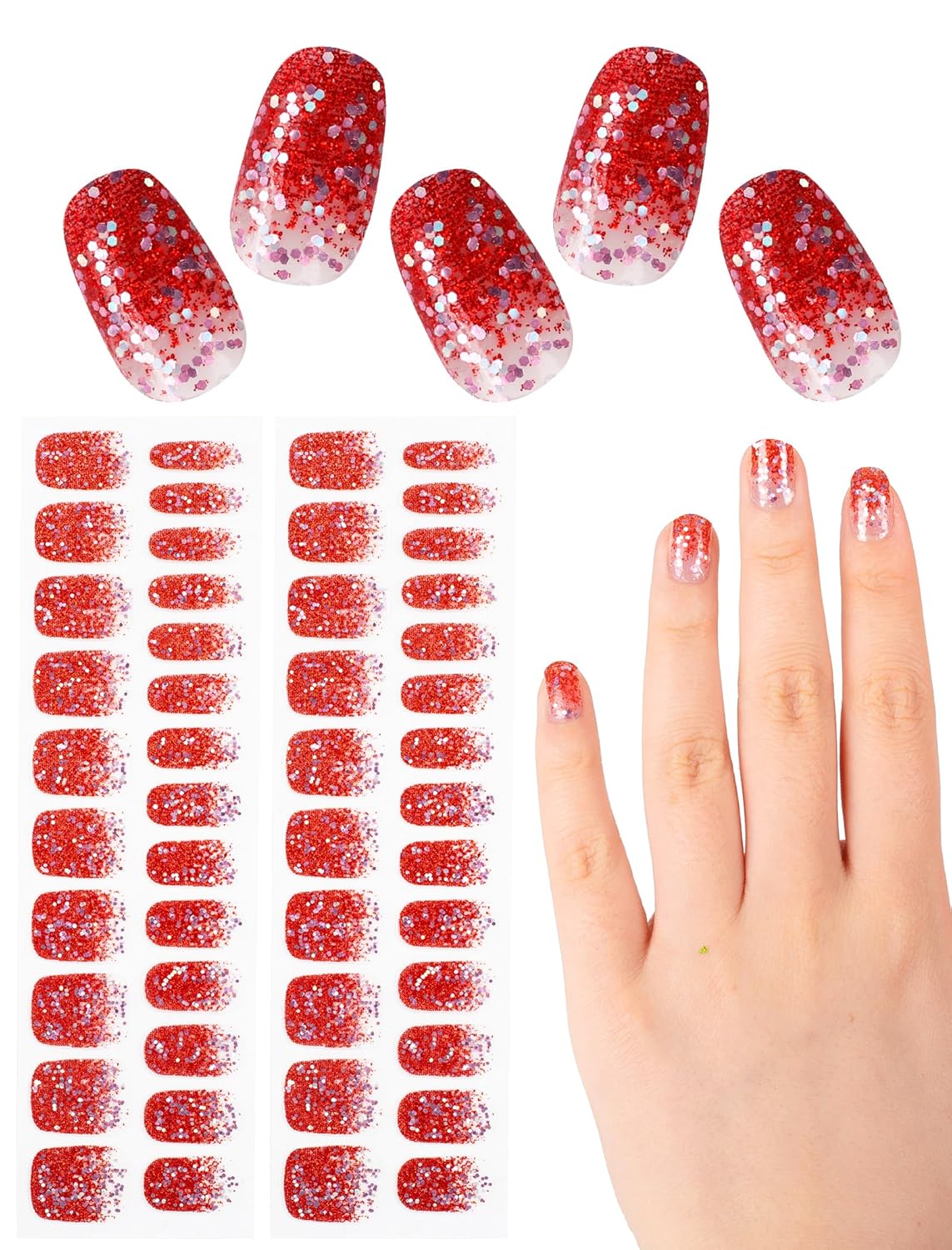48 Pcs Semi Cured Gel Finger Nail Art Stickers Design Wraps No UV Light Needed Nail Polish Strips Kit for Women with Nail Files and 2 Nail Wiping Blocks (Red)(Red)