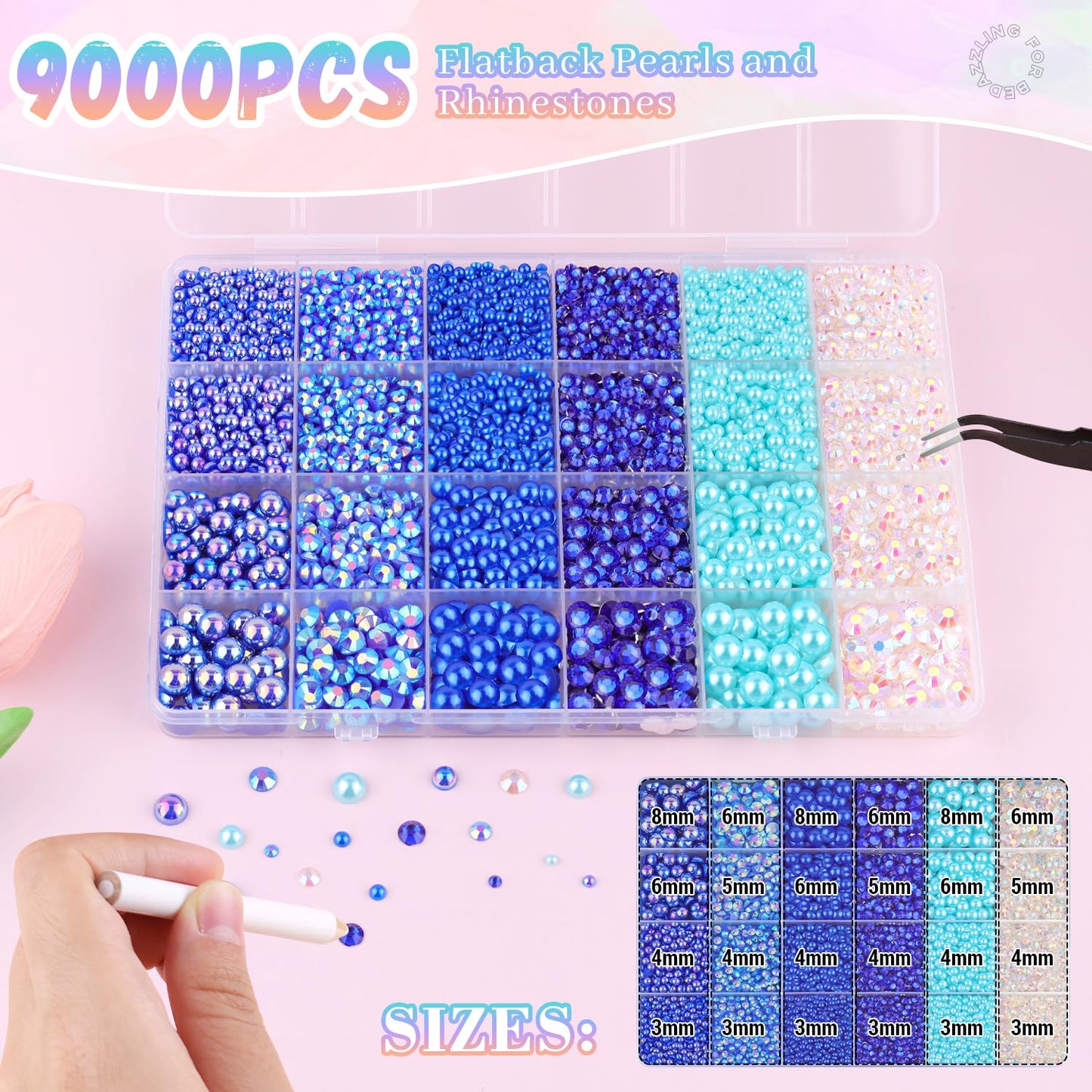 9000Pcs Flatback Pearls and Rhinestones for Crafting, Blue Series Mixed Size 3-8mm Resin Rhinestones and Half Pearls for Bedazzling, Nail Art with Tweezers and Pickup Pencil