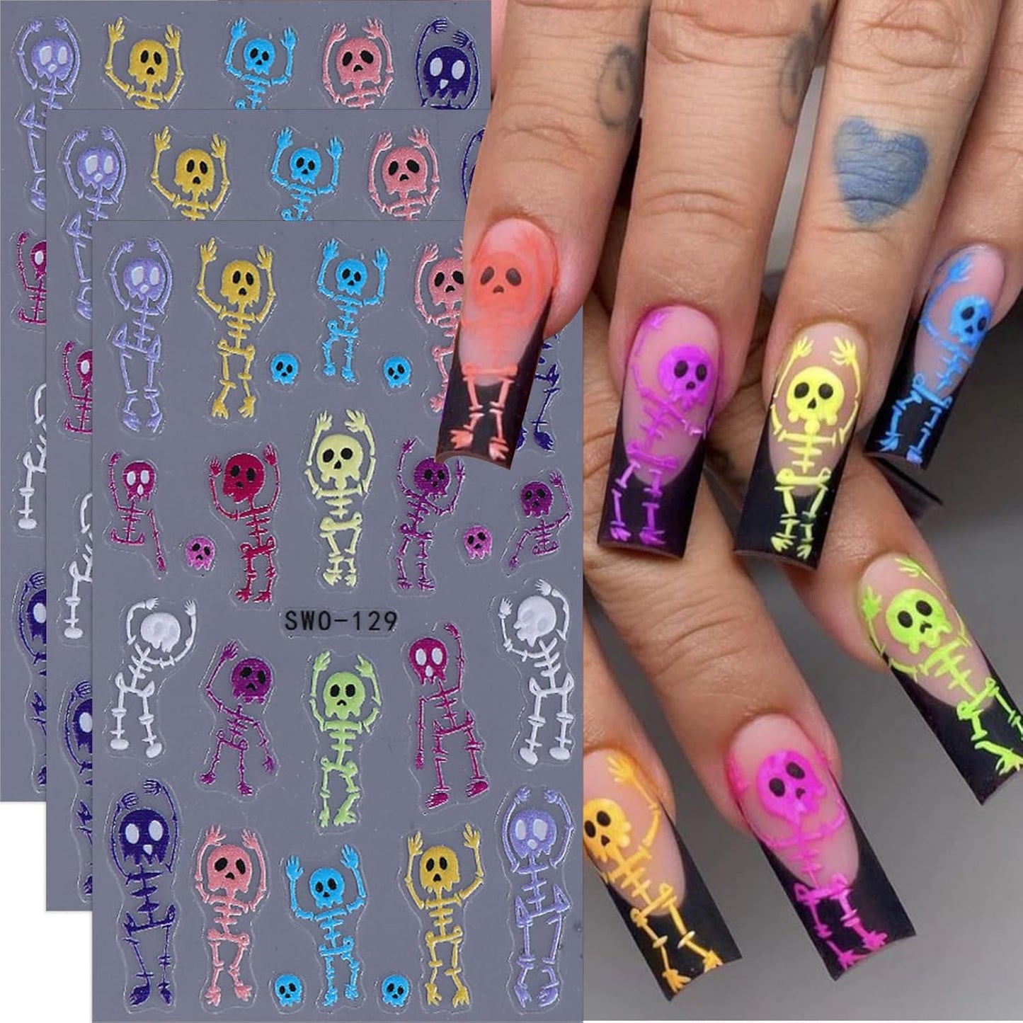 Halloween Skull Nail Stickers Cute 5D Nail Art Stickers 3PCS Self-Adhesive Colorful Embossed Skeleton Design Spooky Nails Manicure Accessories Holiday Nail Charms for Women Nail Decorations Nail Art