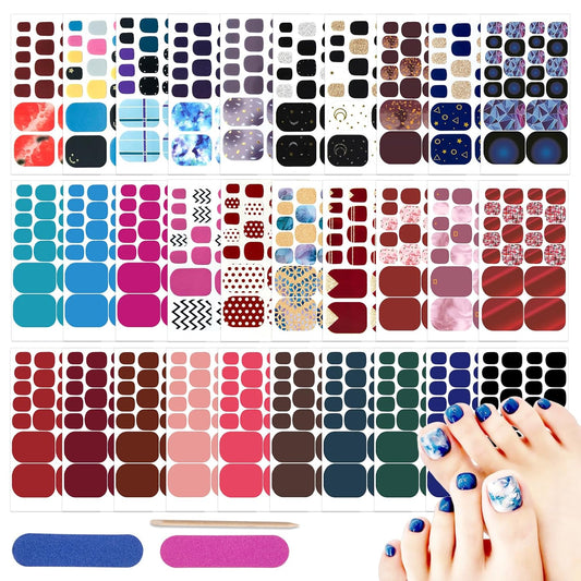 Toe Nail Stickers, DANNEASY 660pcs/30 Sheets Toenails Polish Strips Toes Nail Wraps for Women, UV Free | Self Adhesive Gel Strips Nails with 2 File, 1 Wooden Stick - Solid & Mix Design