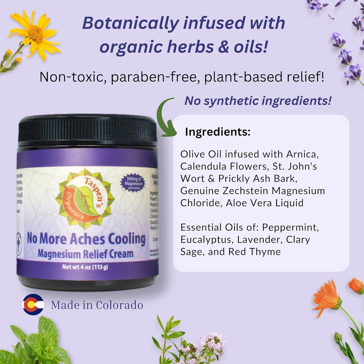 Taspen's Organics Magnesium No More Aches Cooling Cream - Muscle Relief- Sore Muscles & Post-Workout Recovery - Natural Comfort for Tension & Cramps - Made in USA (4 oz)