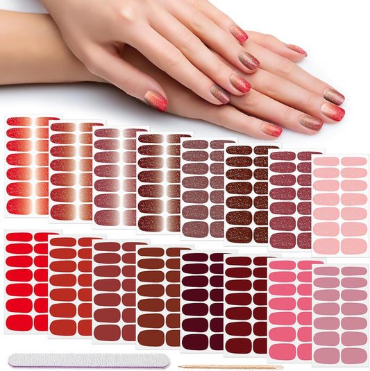DANNEASY 224pcs/16 Sheets Nail Polish Strips, Nail Stickers Full Nail Wraps, UV Free | Self-Adhesive Gel Strips Sticker Nails for Women with 1 File, 1 Wooden Stick - Red Solid & Glitter