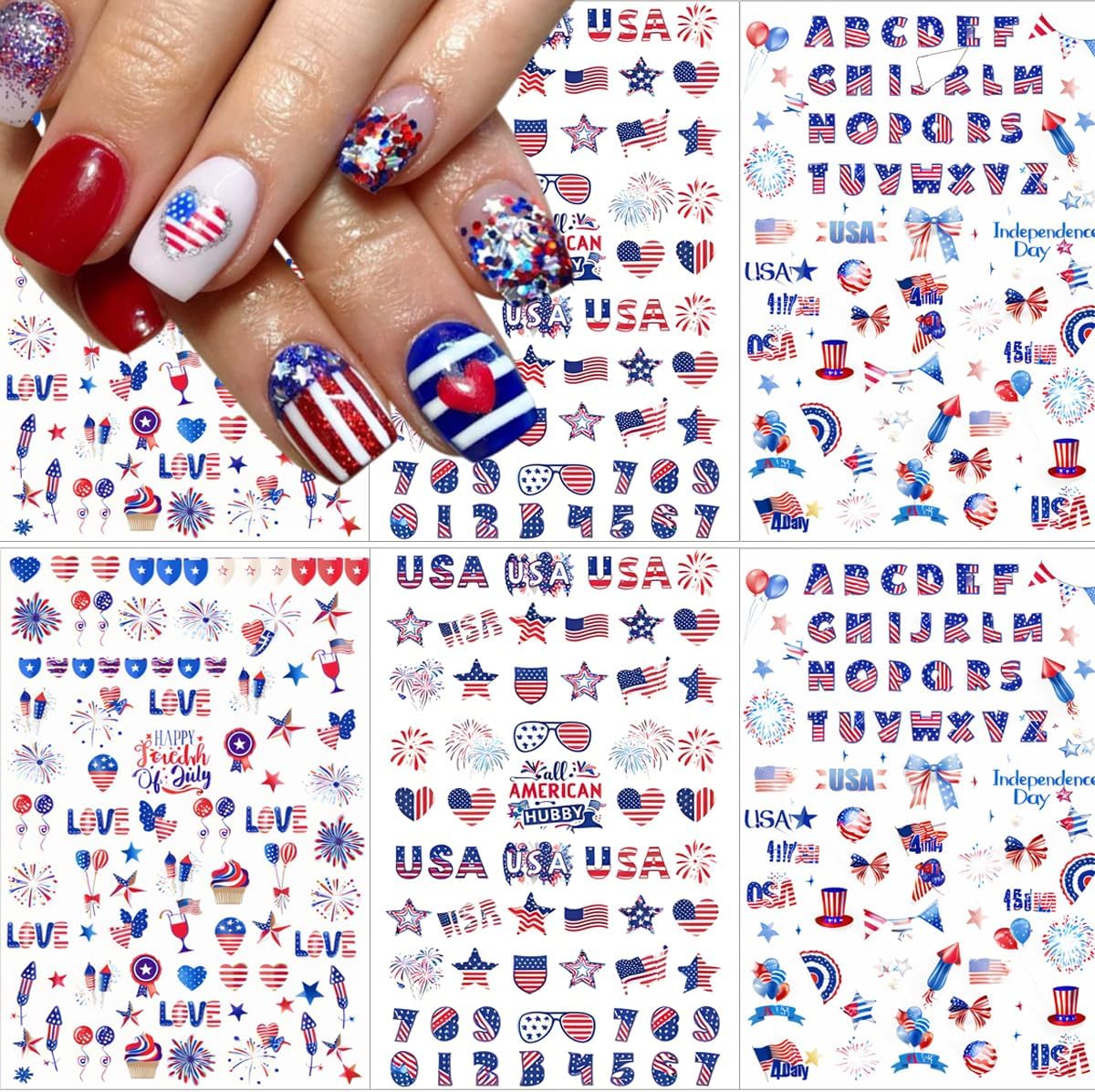 6 Sheets 4th of July Nail Stickers for Nail Art Independence Day Nail Decals 3D Self-Adhesive USA Flag Fireworks Letters Numbers Star Sticker Nail Designs Fourth of July Nails Decoration DIY for Women