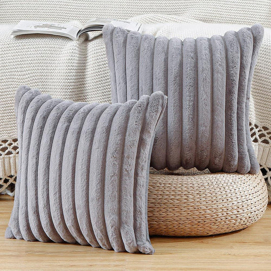 MADIZZ Set of 2 Faux Wool Plush Decorative Throw Pillow Covers 18x18 Inch Grey Fluffy Striped Soft Decorative Cushion Cover for Sofa Bedroom Pillow Shell